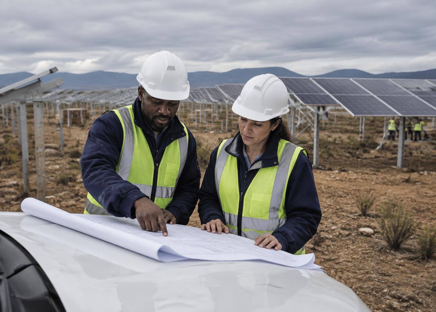 Engineers reviewing technical drawings at a solar construction site